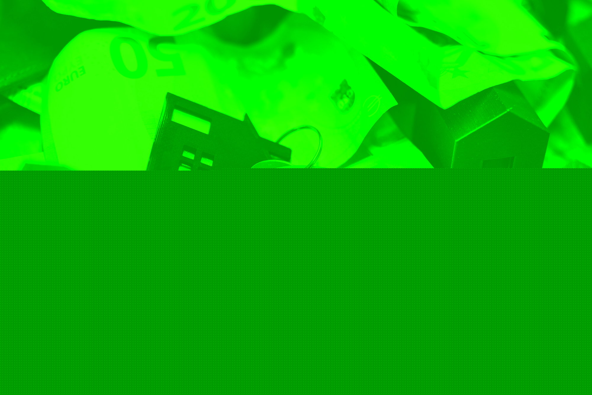Money, keys, and miniature houses depict homeownership.